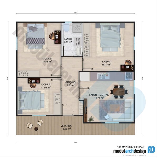 100 m² Tek Katlı 3+1 Prefabrik Ev - Görsel 5