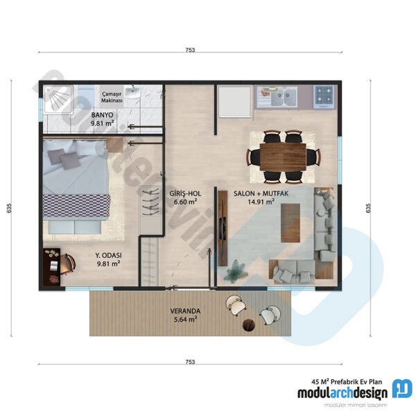 45 m² Tek Katlı 1+1 Prefabrik Ev - Görsel 5