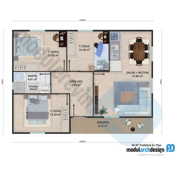 90 m² Tek Katlı 3+1 Prefabrik Ev - Görsel 5