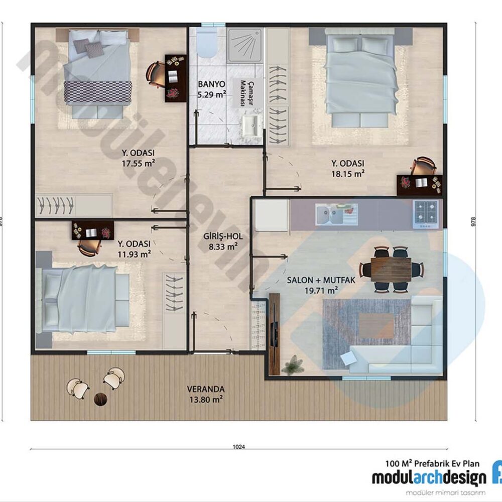 100m² Tek Katlı 3+1 Prefabrik Ev Planı
