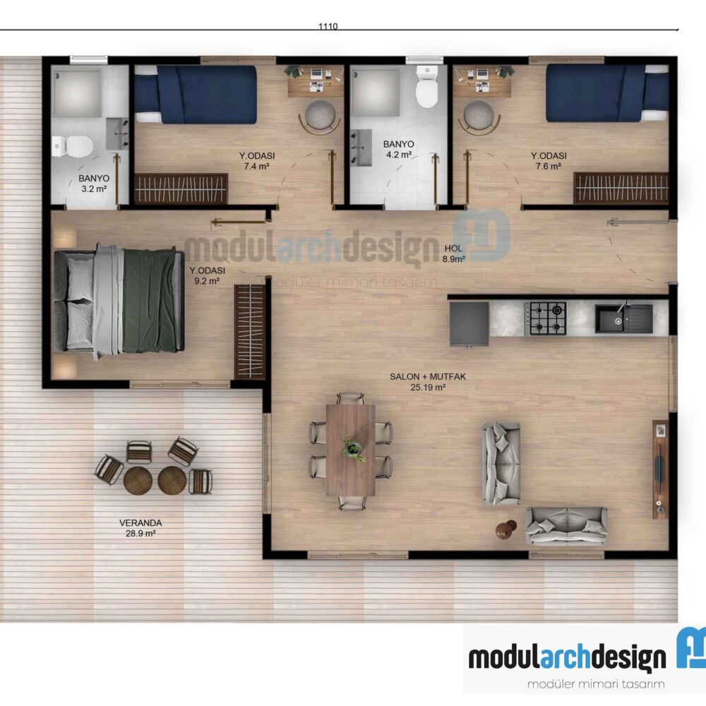 100m² Hafif Çelik Ev Planı