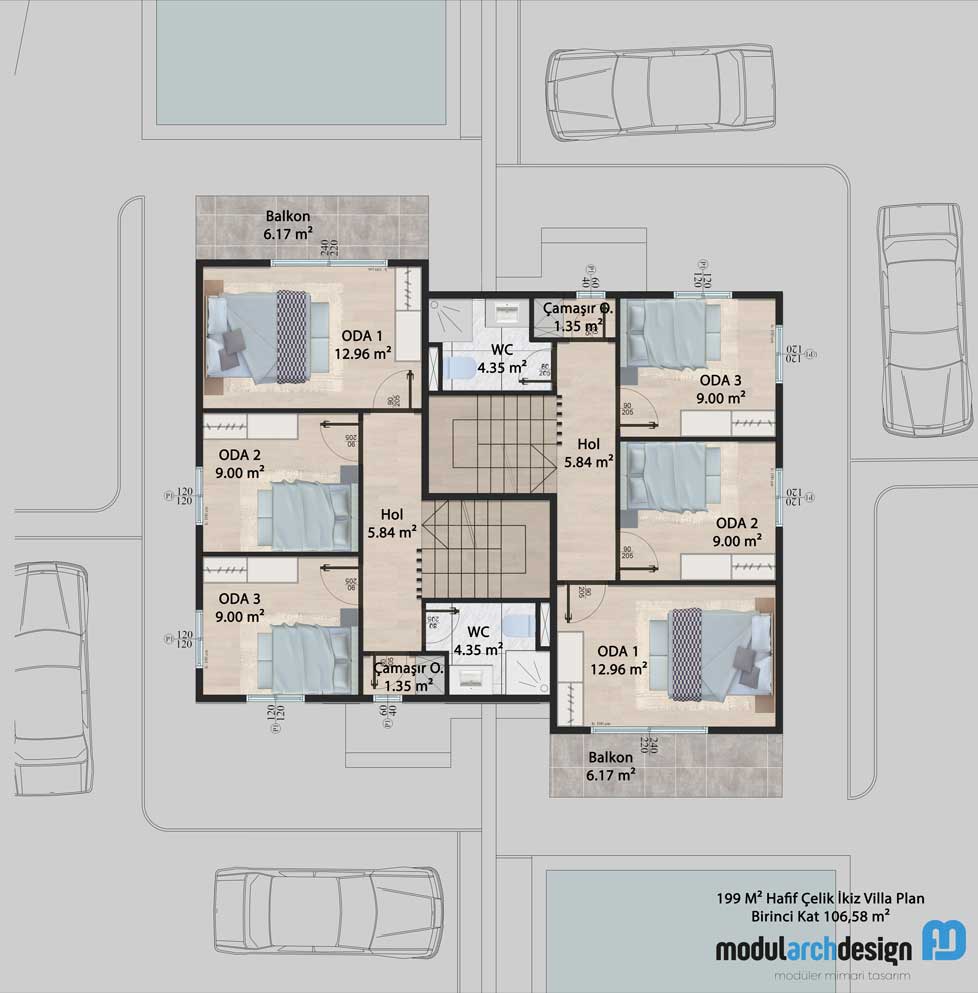 200m² İkiz Villa birinci kat planı