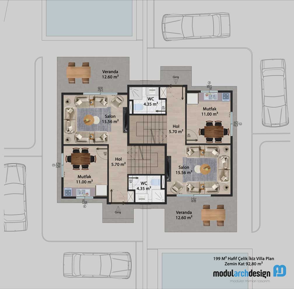 200m² İkiz Villa zemin kat planı